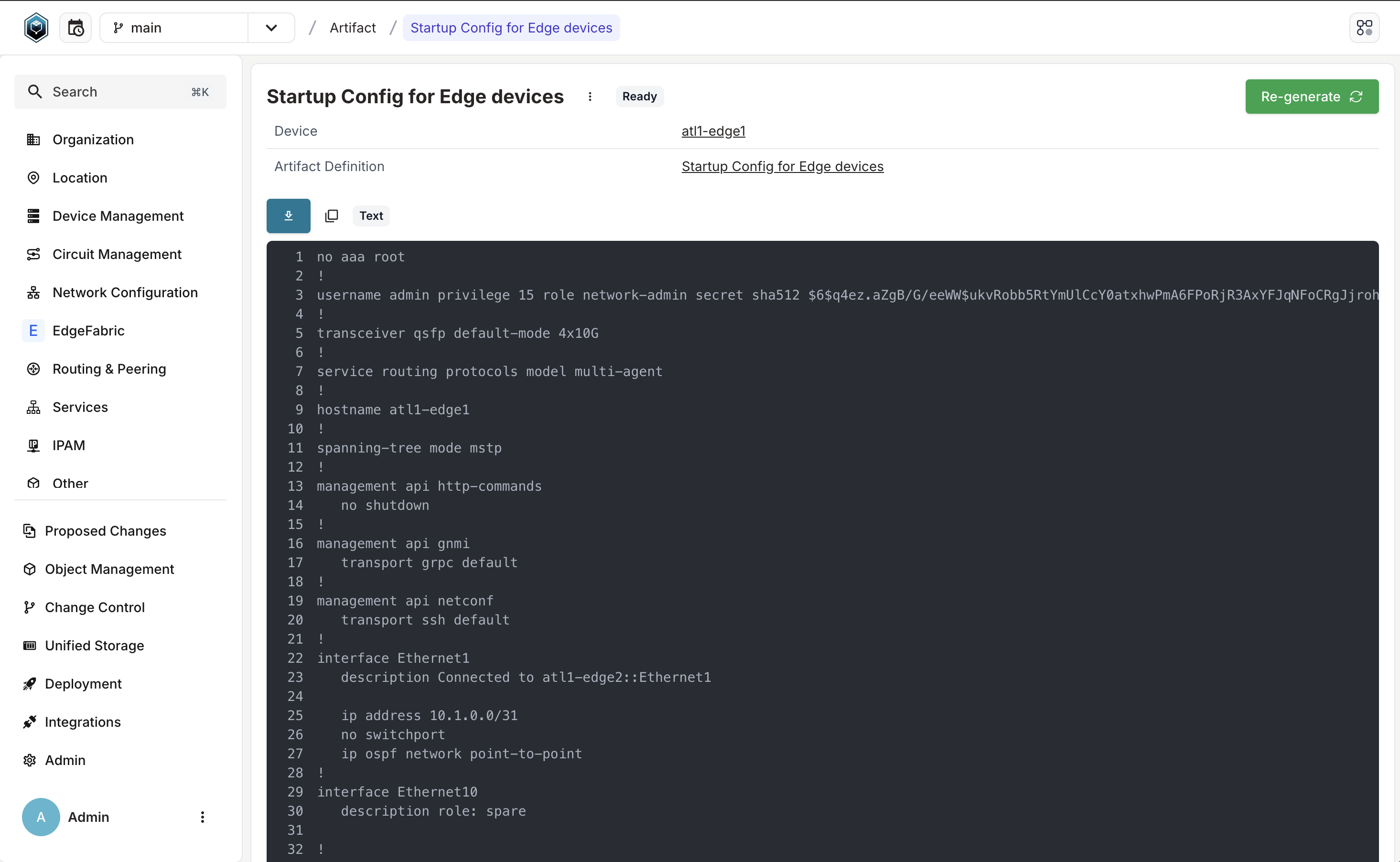 "Example screenshot of Infrahub 1.1.6 showing an artifact of text type."
